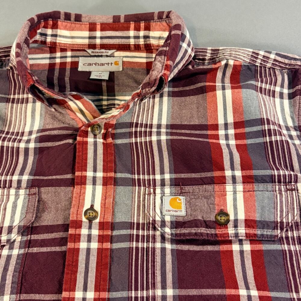 Carhartt Shirt Mens Medium Red Grey Plaid Short Sleeve Relaxed Fit Button Down